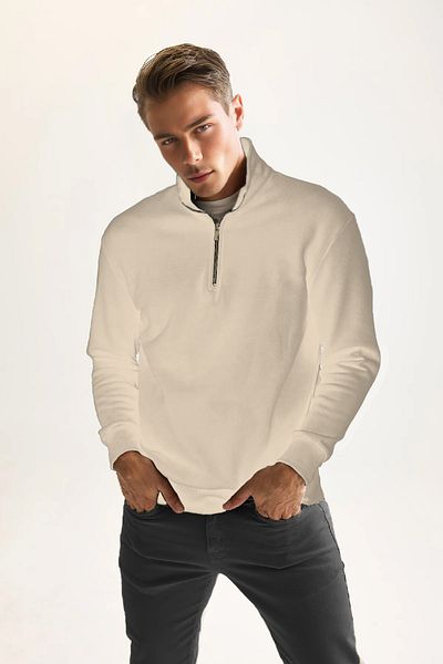 CC STORE Men's Cream 3 Thread Cotton Raised Fleece Inside Regular Fit Stand Collar Zippered Thick Sweatshirt