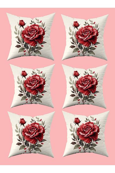 Şah Dekor Nature Themed Floral Patterned Red Colorful 6-Piece Digital Printed Throw Pillow Cover