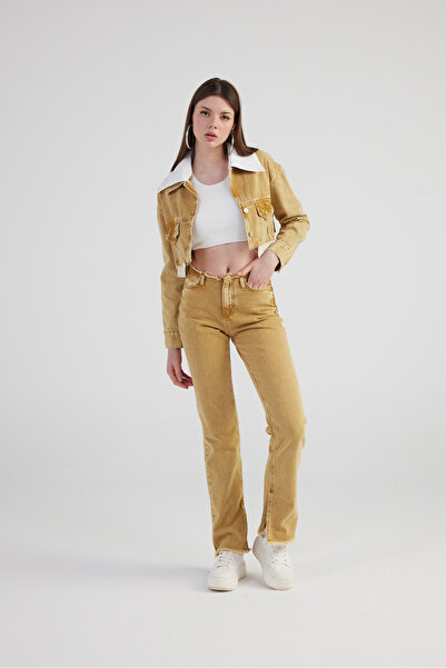 HOLLY LOLLY Marble Patterned Gray Detailed Straight Cut Leg Slit Rusted Jean Trousers Camel