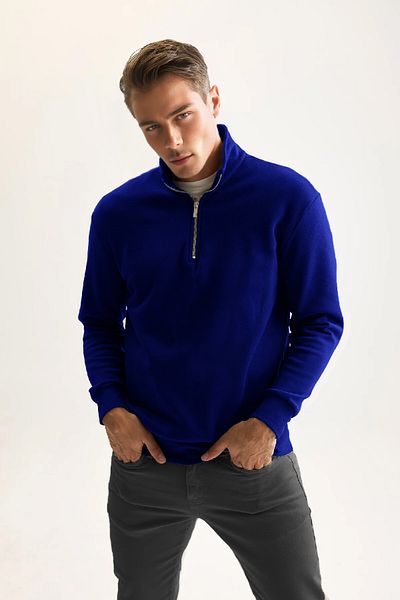PURE EFFECT Men's Navy Blue 3 Thread Cotton Raised Fleece Inside Regular Fit Stand Collar Zippered Thick Sweatshirt