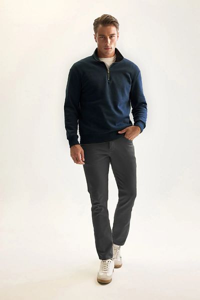 PURE EFFECT Men's Indigo 3-Thread Cotton Raised Fleece Inside Regular Fit Stand Collar Zip-Up Thick Sweatshirt