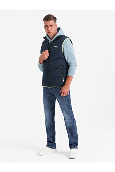 OMBRE Men's quilted sleeveless jacket with neon accents - navy blue V3 OM-JAVJ-0210 L/XL
