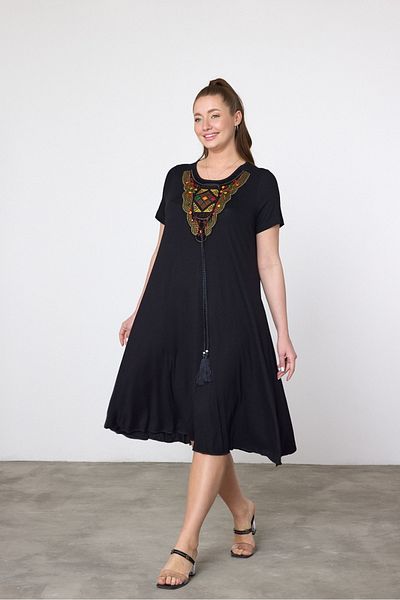 AYASOFYA OTANTIK Women's Black Ethnic Embroidery Detailed Short Sleeve Combed Cotton Dress