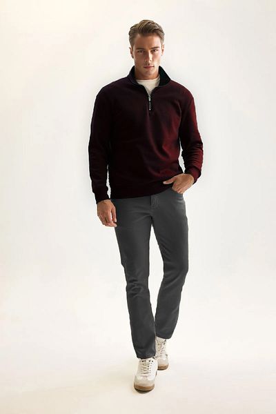 PURE EFFECT Men's Burgundy Green Fleece Cotton Sweatshirt - Zip-Up, Thick, Stand Collar