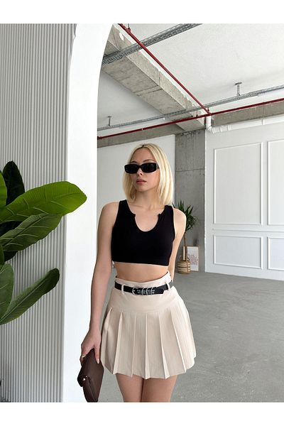 Jeevee Crepe Fabric Printed Belt Pleated Shorts Skirt