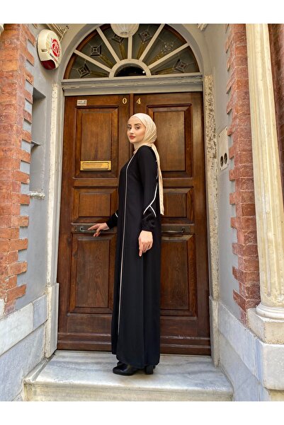 JALİA Ecru Piping Detailed Handle Elastic Comfortable Fit Thin Woven Zippered Ferace