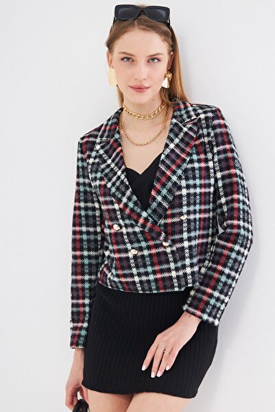 armonika Γυναικείο Πράσινο Διπλό Μπουφάν Tweed Crop γιακά ARM-24K001014
