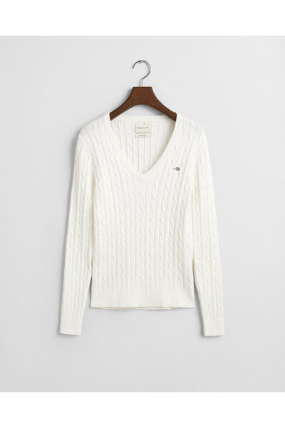 Gant Kadın Beyaz Slim Fit V Yaka Kazak