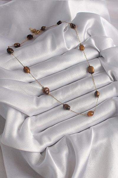 Skygo 316L Steel Gold Color Chain Brown Natural Stone Model Women's Necklace - Tj-Bko9661