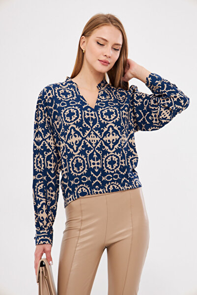 armonika Σκούρο μπλε ελαστική μπλούζα μέσης με λαιμόκοψη V και πιέτες - ARM-25K 001003