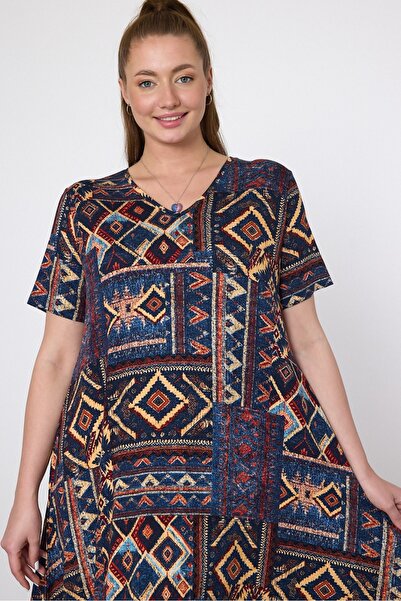 AYASOFYA OTANTIK Γυναικείο πολύχρωμο χτενισμένο βαμβακερό κοντομάνικο φόρεμα Ethnic Print