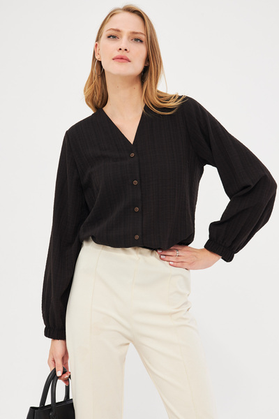 armonika Kadın Siyah Kolu Lastikli Bürümcük Gömlek ARM-24K001002