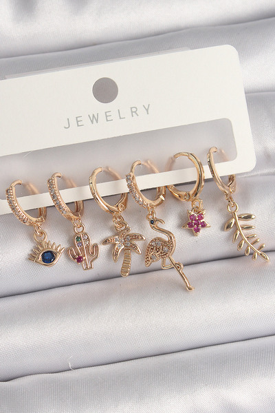 Skygo Pirinç Gold Renk Sallantı Zirkon Taşlı Deve Kuşu Figür Çoklu Kadın Küpe Seti - TJ-BKP10126