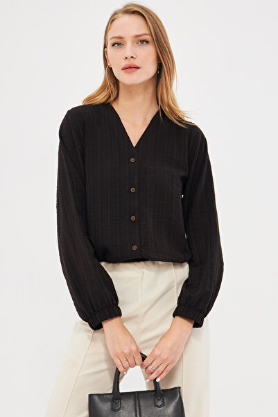 armonika Kadın Siyah Kolu Lastikli Bürümcük Gömlek ARM-24K001002