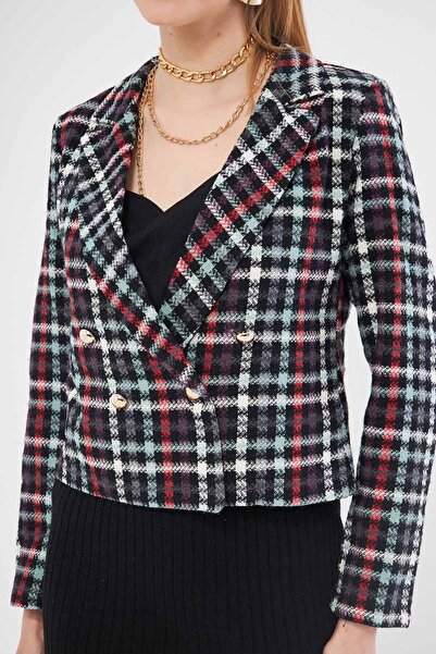 armonika Γυναικείο Πράσινο Διπλό Μπουφάν Tweed Crop γιακά ARM-24K001014