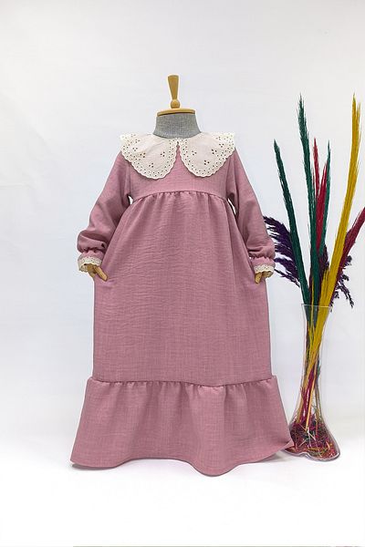Betül Akbay Rochie de in pentru fete cu guler festonat - Rochie Dusty Rose Hijab lungă model Elif