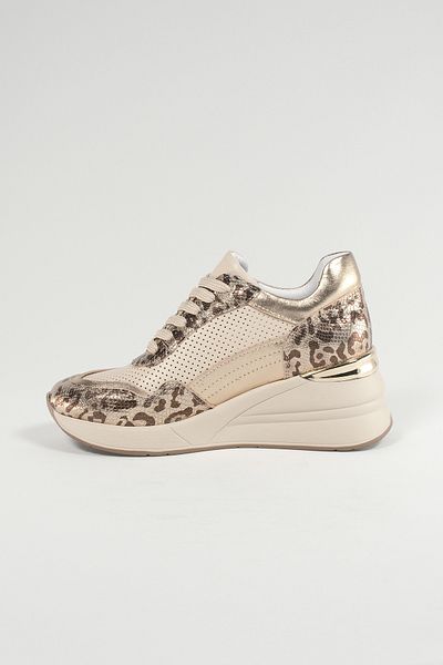 Velune Ludovica Beige Leopard Print Women's Sneakers - Genuine Leather, Casual Sneakers 24220