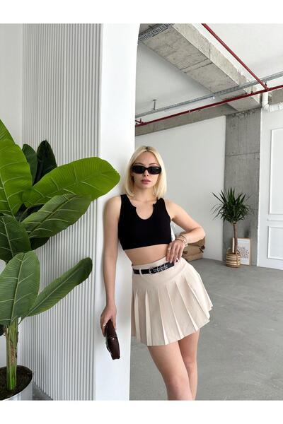 Jeevee Crep Kumaş Yazılı Kemer Pileli Şort Etek