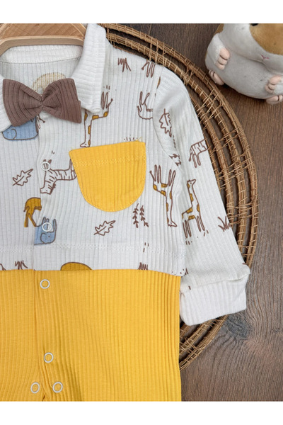 tiwitibaby Safari Baskılı Papyonlu Çıtçıtlı Patikli Kaşkorse Esnek Erkek Bebek Tulum