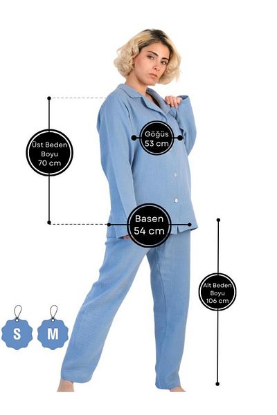 DALİSA Set pijamale de muselina pentru dama, cu guler cu nasturi, gri deschis - M