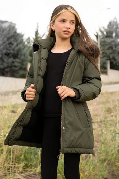 Cansın Mini Girl's Coat - Khaki Fur, Detachable Hood, Lined - 19054