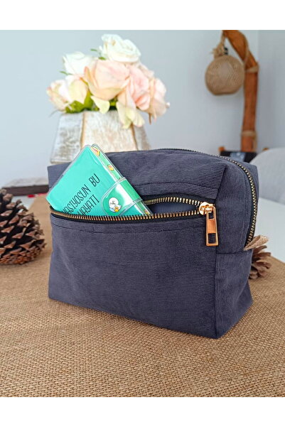 NGA's Gri Önü Cepli Fermuarlı Geniş İtalyan Kadife Çanta Organizer Makyaj Çan...