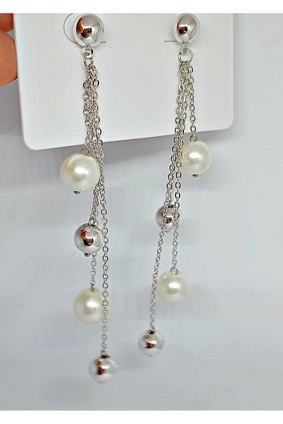 mos&more Silver Ball Pearl Dangle Long Stylish Earrings
