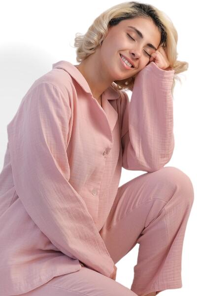 DALİSA Kadın Müslin Pijama Takımı Düğmeli Yakalı Pijama, Lohusa Pijaması