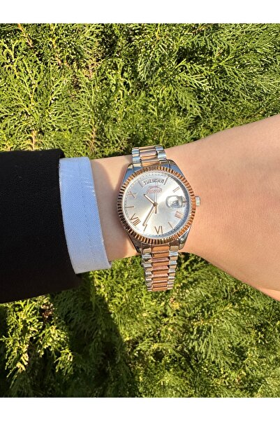 Slazenger 3 ATM Su Geçirmez Pembe Altın Çelik Kordonlu,Gümüş Kadranı,Gün Göst...