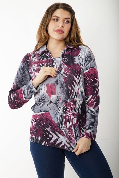 Şans Women's Large Size Claret Red Front Zippered Long Sleeve Patterned Blouse 65N37218