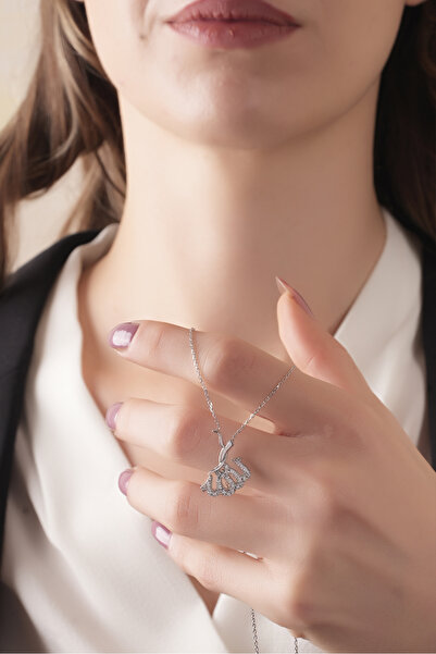 SUNSHINE 925 Ayar Gümüş,Zirkon Taşlı Rodyum Kaplamalı,Allah Yazılı Semazen Kolye