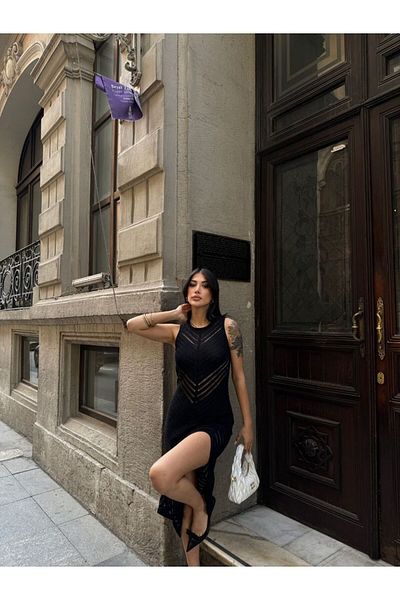 Cistern İstanbul Women's Black Slit Detailed Knitwear Dress