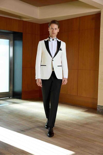 Morven Men's White Ceromonia Kenza Bow Tie Girdle Pointed Collar Slim Fit Groom Suit
