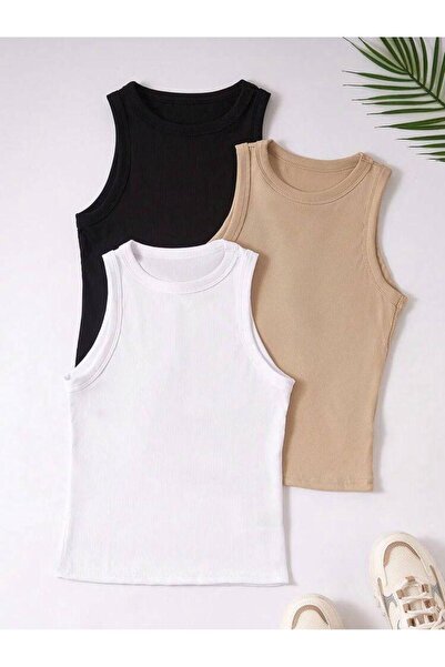 Lorya Giyim Kadın 3'lü Paket Pamuklu Vücuda Yapışan Fitilli Yuvarlak Kolsuz B...