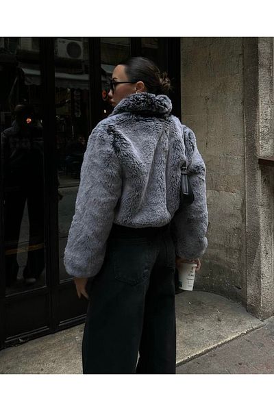 AB LOOKS Palton de blană cu mânecă lungă, gri, cu fermoar, gros, de iarnă, cu guler, haină de blană artificială de pluș premium