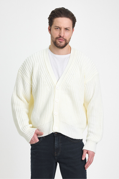 TREND KOMBİN Erkek Oversize Ekru Crop Kesim Triko Hırka