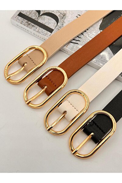 MODAM HİFA 4-Piece Long Oval Buckle Gold Women's Belt Trouser Belt Dress Belt Shirt Belt Coat Belt