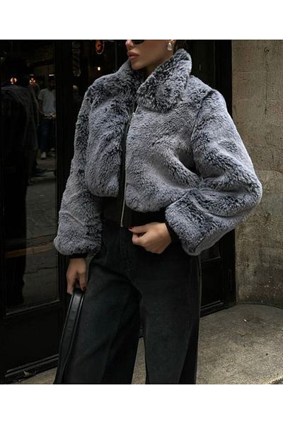 AB LOOKS Palton de blană cu mânecă lungă, gri, cu fermoar, gros, de iarnă, cu guler, haină de blană artificială de pluș premium