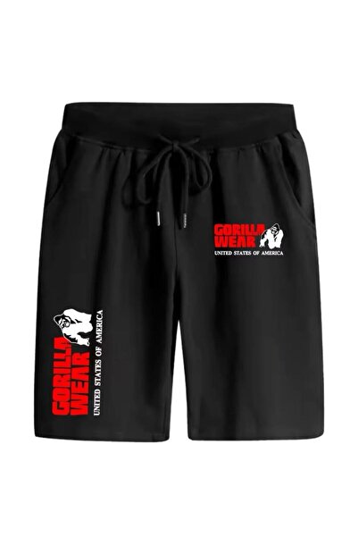 caddekombin Erkek Gorilla Wear Baskılı Bermuda Cepli Kordonlu Regular Fit Kalıp Siyah Şort