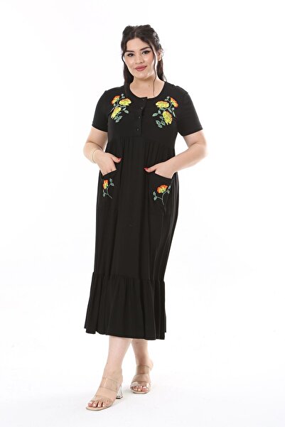 Şans Plus Size Black EmbroiDereD Dress - ButtoNeD FroNt Placket 65N38169