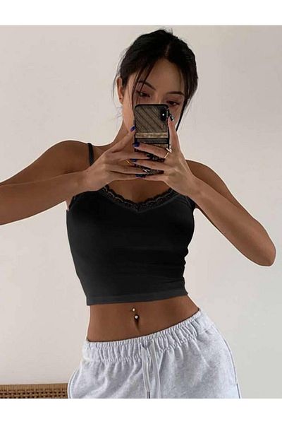Gofeel Black Besty Lace Detail Straight Crop