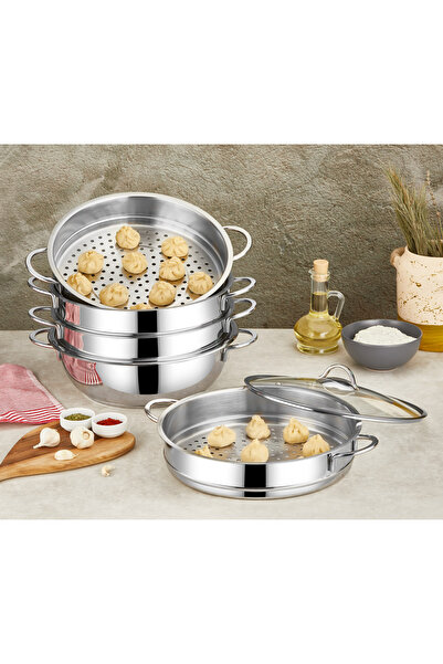 Genel Markalar Oms Collection 6 Parça 32 Cm Buharlı Pişirici Mantı Tencere Seti ( 6090C - Gümüş )