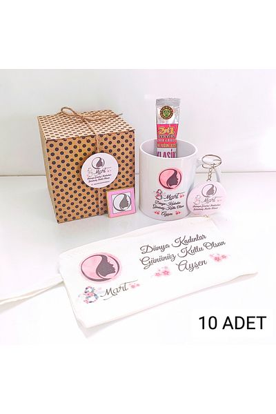 ORGANİZASYON HEDİYEM 10 Pieces World Women's Day Gift Porcelain Trophy Cup, Makeup Bag, Keyring, Coffee, Chocolate