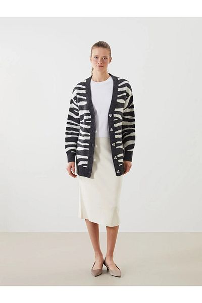 LC Waikiki Lcwaikiki Classic Black V-Neck Zebra Print Women's Knitwear Cardigan