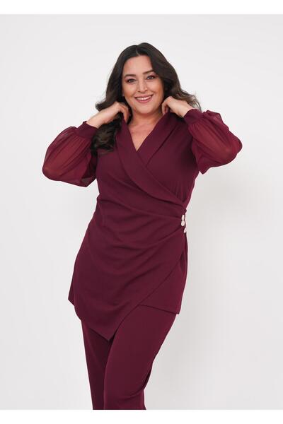 Butik Nilyam Women's Plus Size Double Breasted Neckline Chiffon Balloon Sleeve Waist Button Detail Evening Dress 24716
