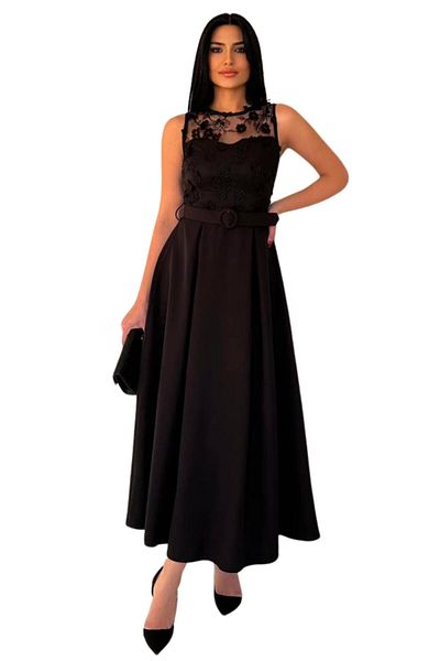 Moda Amore Rochie de seară fără mâneci pentru femei, cu detaliu din dantelă, cu centură - 8552