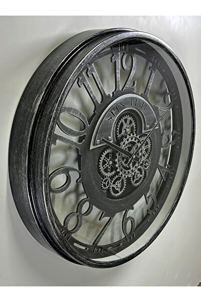 CONGARAHOME Congara Ahşap Oyma Rakamlı Çarklı Duvar Saati Gümüş