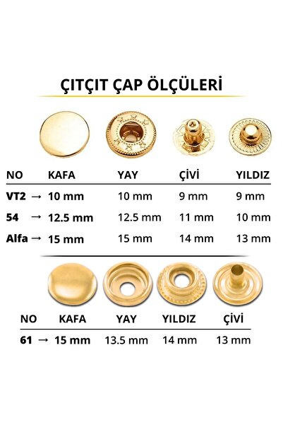 ipekbazaar Metal Çıtçıt 61 -15 mm, [25 Takım]