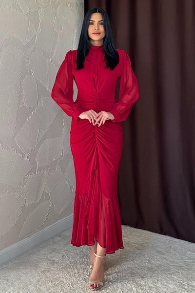 ZISHAN Draped and Drawstring Design Stand Collar Stylish Women's Chiffon Evening Dress 7638