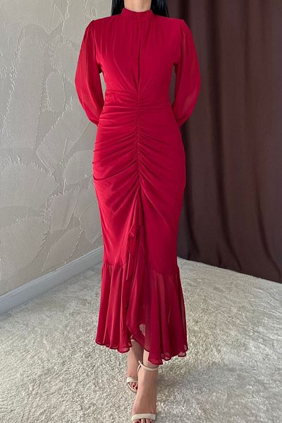 ZISHAN Draped and Drawstring Design Stand Collar Stylish Women's Chiffon Evening Dress 7638